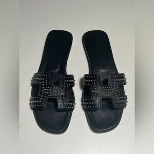 Hermes Black Studded Sandals